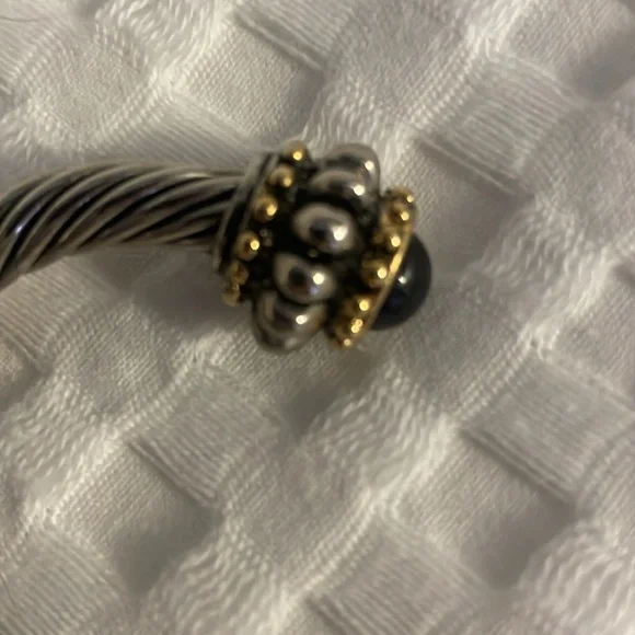 Cable Silver Bracelet Black Stone Gold Bead Tone Accent Adjustable Wrist Jewelry - Picture 7 of 10